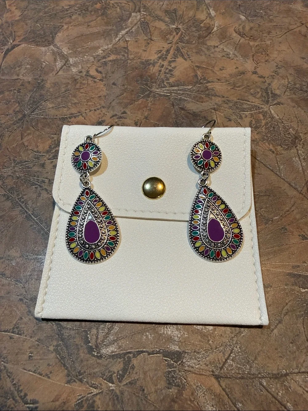 Bohemian Purple Teardrop Dangle Earrings with button close case